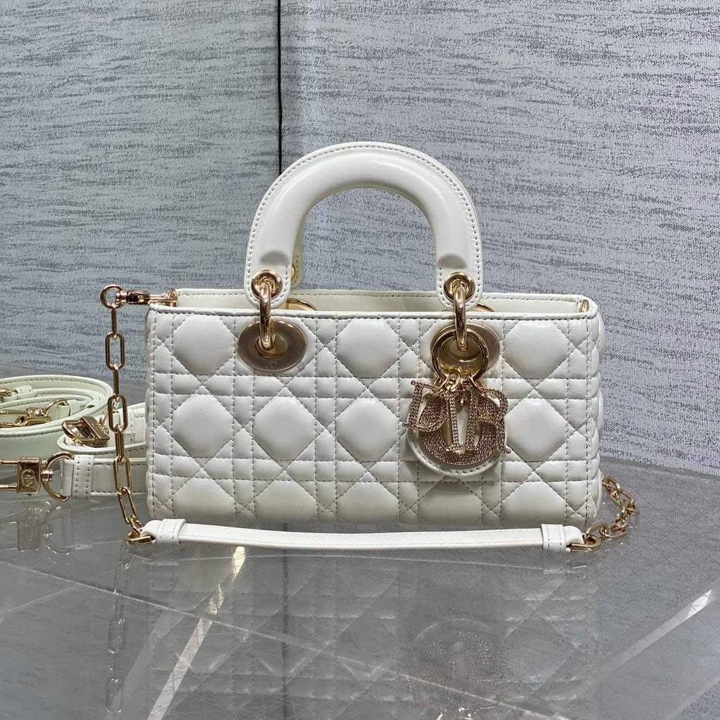 DIOR 25S SMALL LADY D‑JOY BAG 22 IN IVORY CALFSKIN GOLD HARDWARE