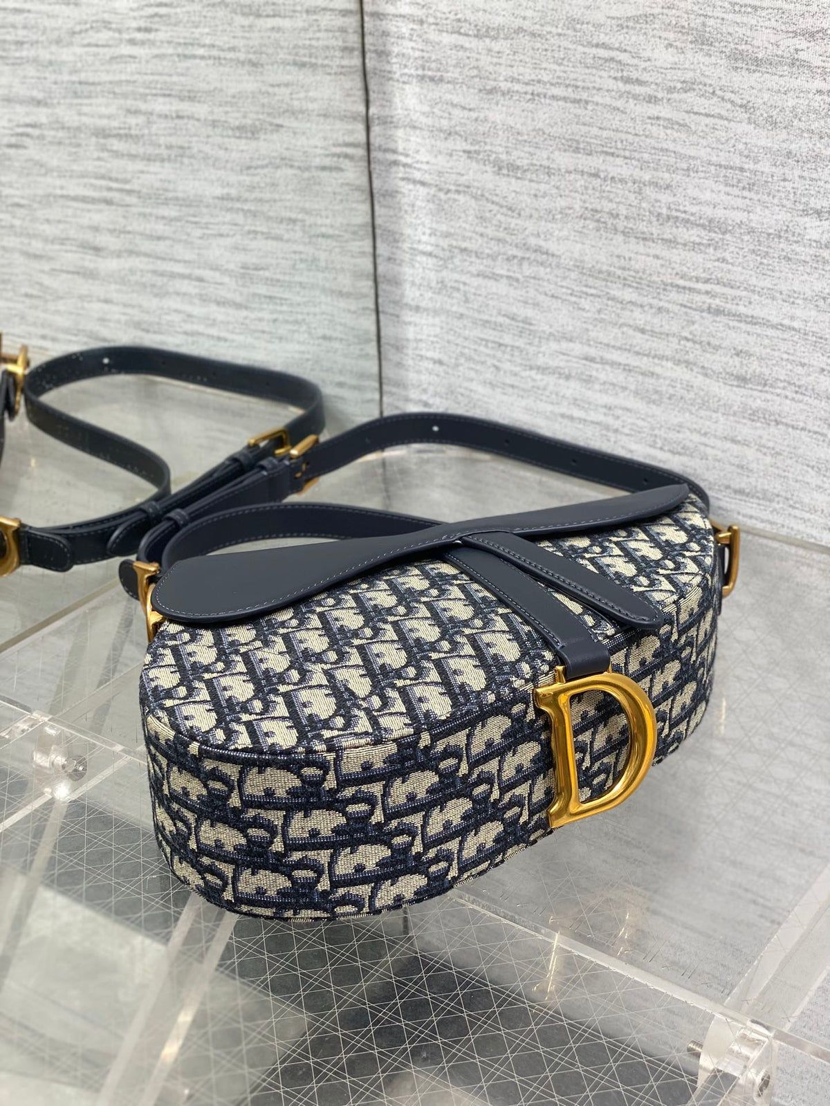 DIOR 25S MINI SOFT SADDLE BAG 19 IN BLUE DIOR OBLIQUE JACQUARD AND SMOOTH CALFSKIN