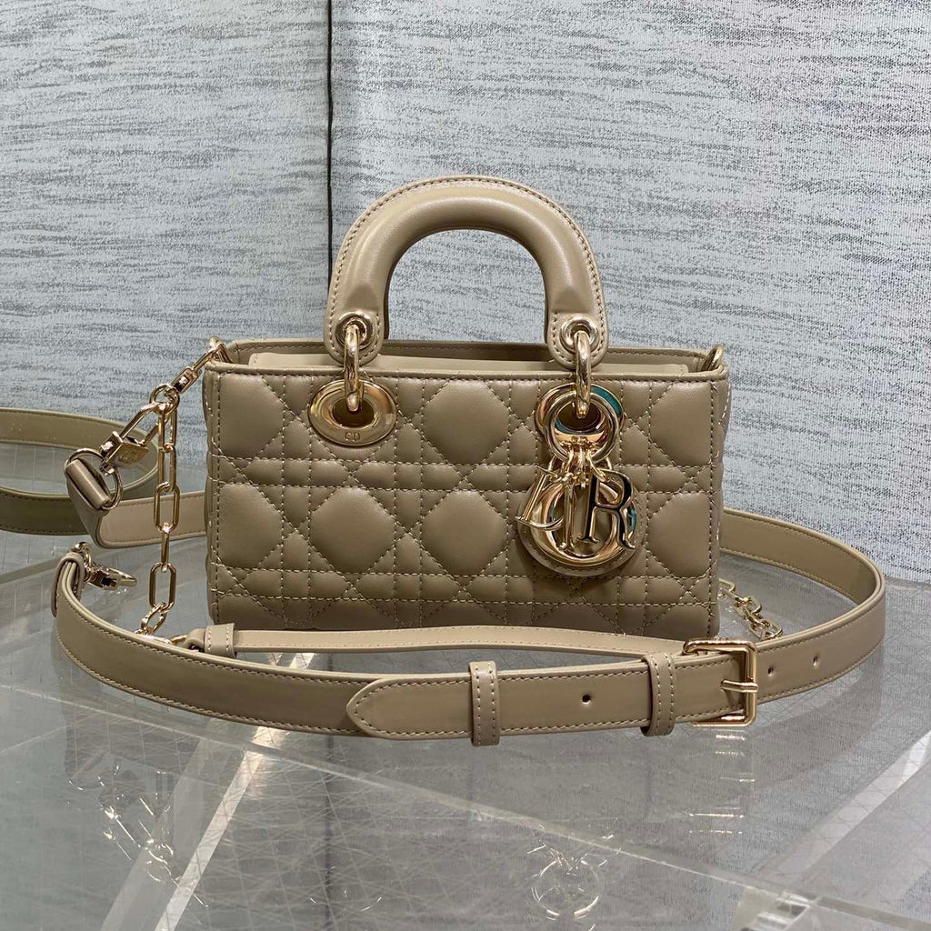 DIOR 25S SMALL LADY D‑JOY BAG 19 IN DARK BEIGE CANNAGE CALFSKIN GOLD HARDWARE