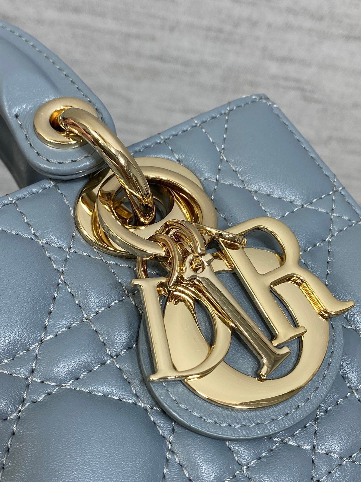 DIOR 25S SMALL LADY D‑JOY BAG 19 IN STEEL BLUE GRAY CANNAGE CALFSKIN GOLD HARDWRE