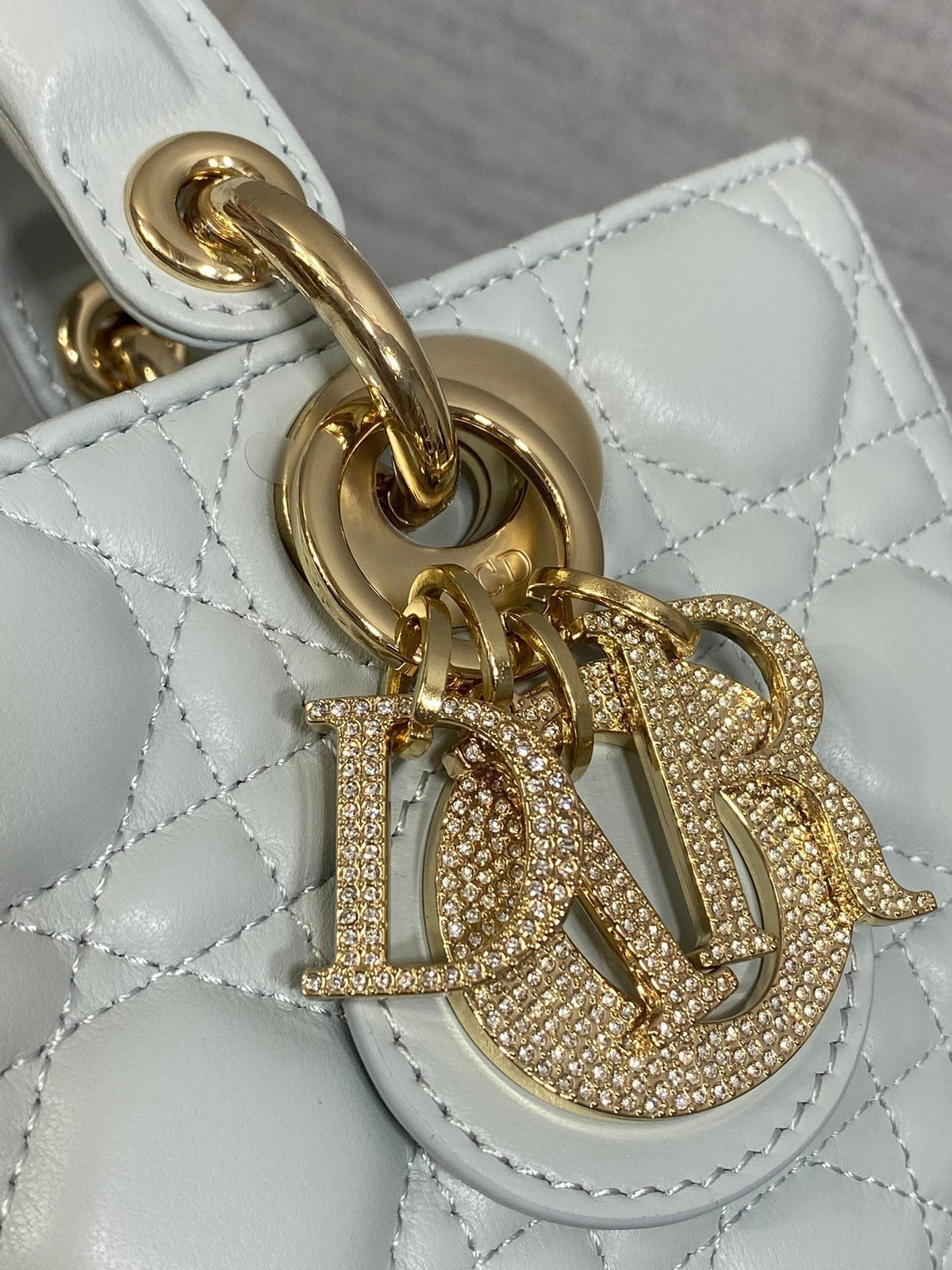 DIOR 25S SMALL LADY D‑JOY BAG 22 IN SHIRT BLUE CALFSKIN GOLD HARDWRE